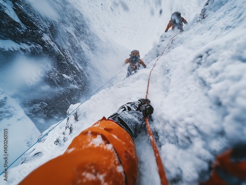 Climbers Ascending Snowy Mountain Peak in Blizzard