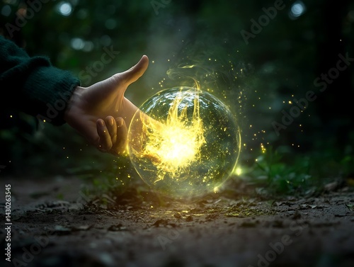 Mystical Golden Orb of Energy Held in a Hand in a Dark Forest