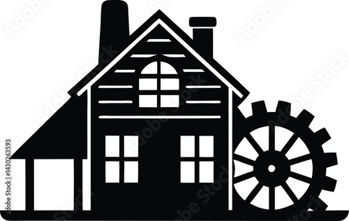 Black House with Watermill Silhouette on Transparent Background