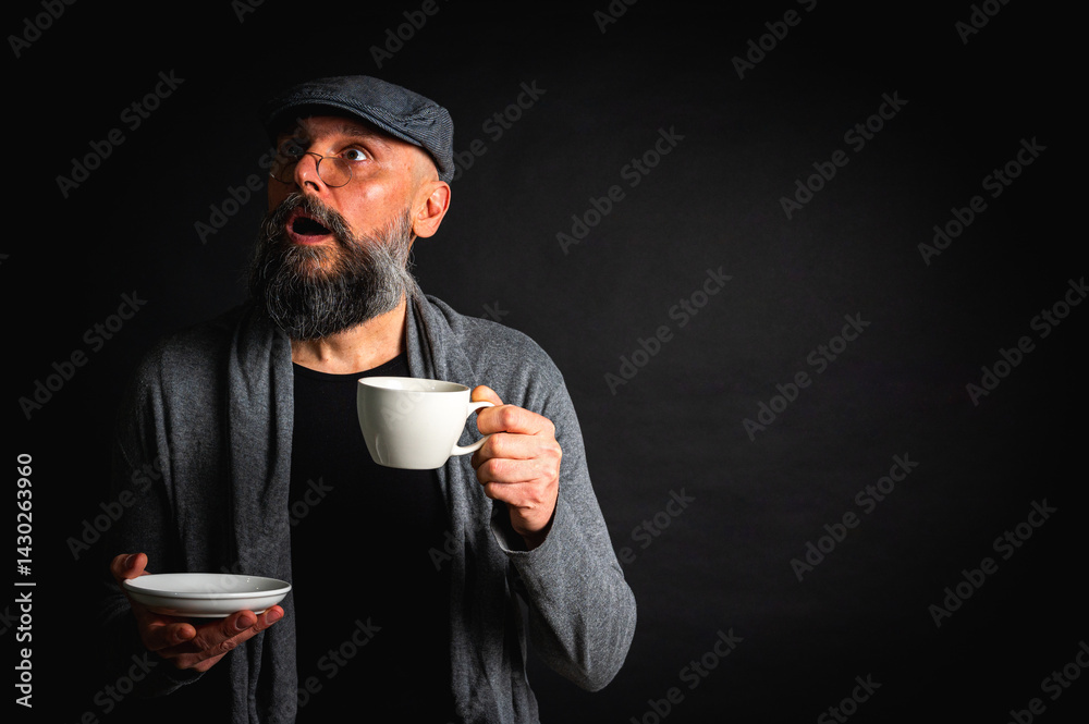 Stylish bearded man in cap and glasses holding coffee cup and saucer on dark background. Thoughtful expression, cozy casual wear, modern vintage atmosphere, morning tea drinking