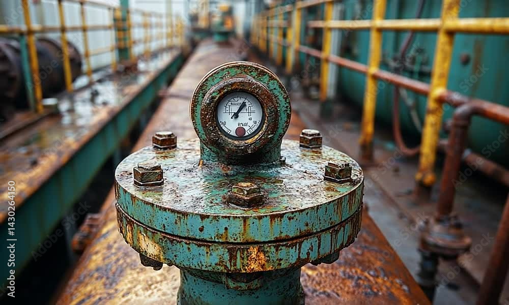 Close-up of a weathered pressure gauge on an industrial pipe in a factory setting, showcasing rust and decay