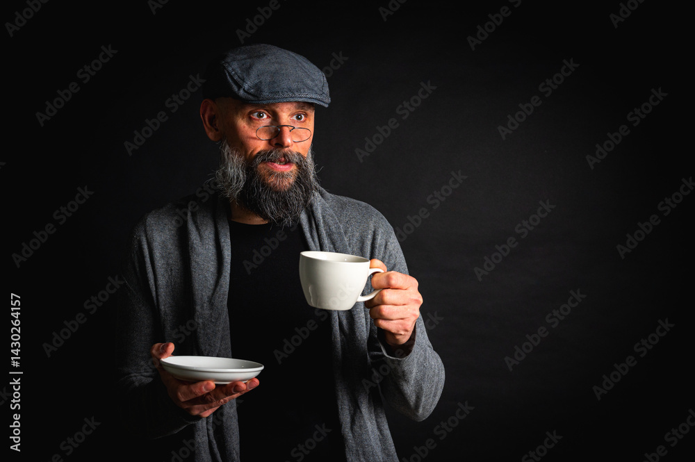 Stylish bearded man in cap and glasses holding coffee cup and saucer on dark background. Thoughtful expression, cozy casual wear, modern vintage atmosphere, morning tea drinking