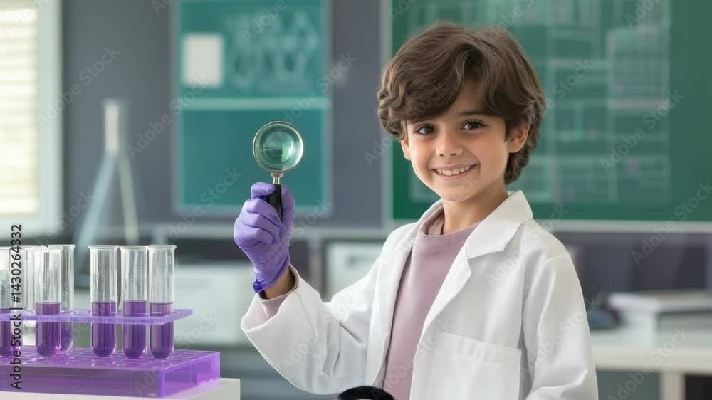 Young Scientist's Discovery: A curious and bright young boy, dressed in a lab coat and gloves, gazes intently through a magnifying glass in a science lab, surrounded by test tubes. Young Scientist's Discovery: A curious and bright young boy, dressed in a lab coat and gloves, gazes intently through a magnifying glass in a science lab, surrounded by test tubes.