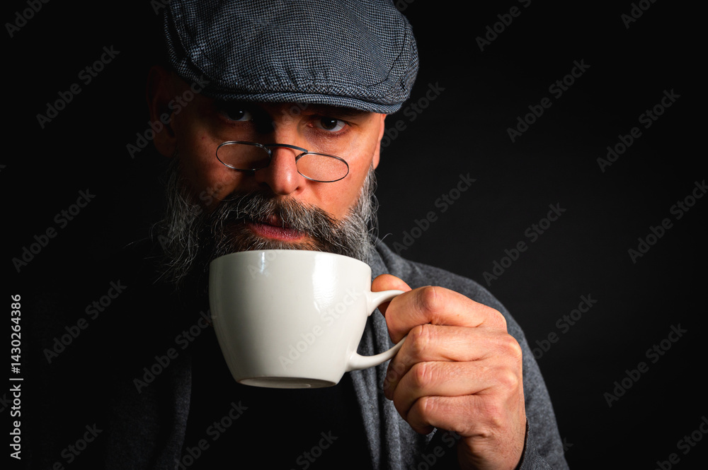Stylish bearded man in cap and glasses holding coffee cup and saucer on dark background. Thoughtful expression, cozy casual wear, modern vintage atmosphere, morning tea drinking