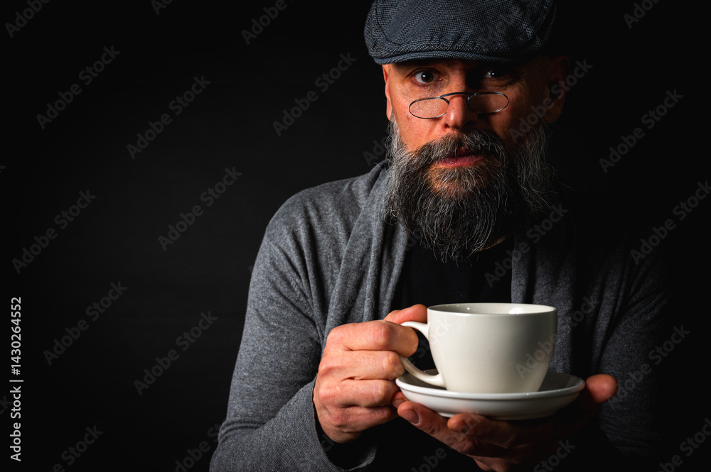 Stylish bearded man in cap and glasses holding coffee cup and saucer on dark background. Thoughtful expression, cozy casual wear, modern vintage atmosphere, morning tea drinking