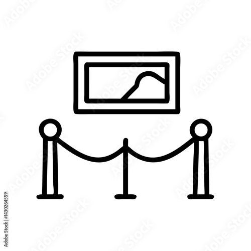 Museum exhibit icon with rope barrier and artwork