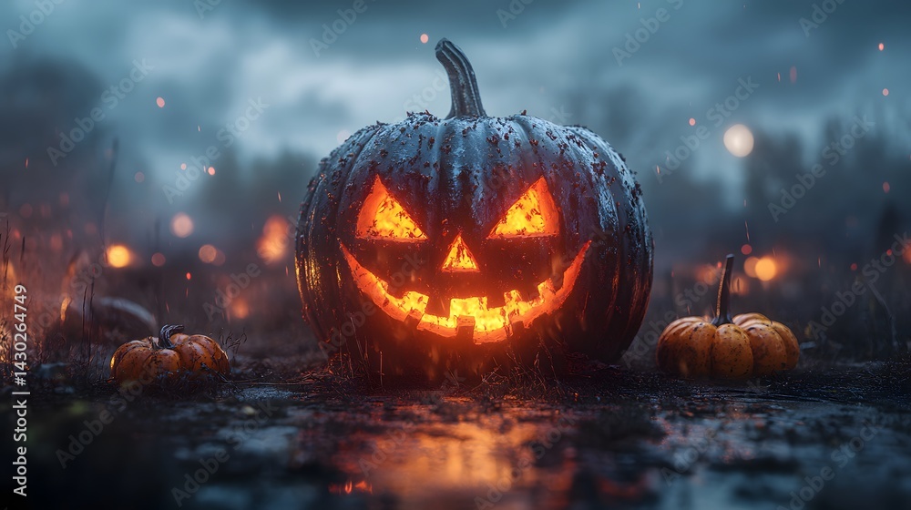 Fototapeta premium Halloween pumpkin with a carved face, a hilly background, dark lighting, a spooky atmosphere, a warm orange glow from the lantern inside, surrounded by gourds and pumpkins, detailed carving on its sur