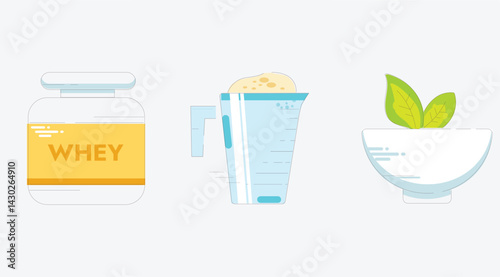 A set of design elements representing nutrition and healthy food, including fruits, vegetables, grains, and proteins