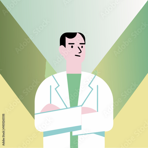 confident male doctor in lab coat with arms crossed, standing against neutral gradient background, exuding professionalism and trustworthiness