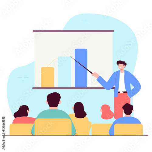 presenter in blue jacket uses laser pointer to explain bar graph to attentive audience in classroom or seminar setting, fostering professional and engaging atmosphere