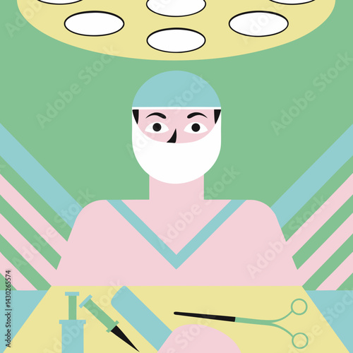 minimalist illustration of surgeon in operating room, wearing mask and cap, with surgical tools like scissors, syringe, and scalpel on table under bright operating lights