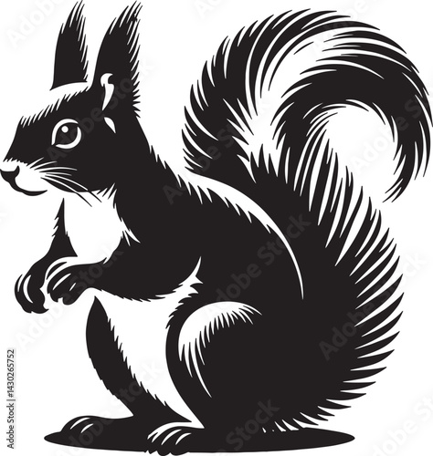 A black and white graphic illustration of a squirrel with a bushy tail holding its paws up