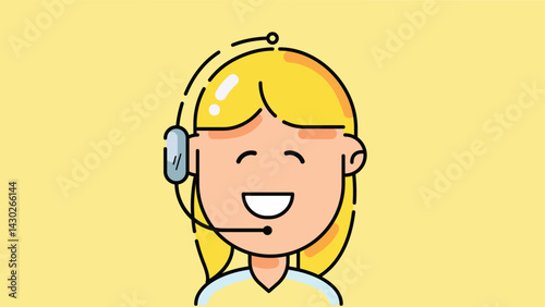 illustration of a smiling blonde woman wearing headphones with a microphone, likely representing a customer service representative or call center agent against a yellow background.
