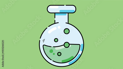 Illustration of lab chemistry equipment used for testing solutions. Includes glassware, beakers, flasks, and tubes arranged for scientific experiments