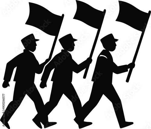 Monochrome Silhouette of Three Men Marching with Flags on Transparent Background