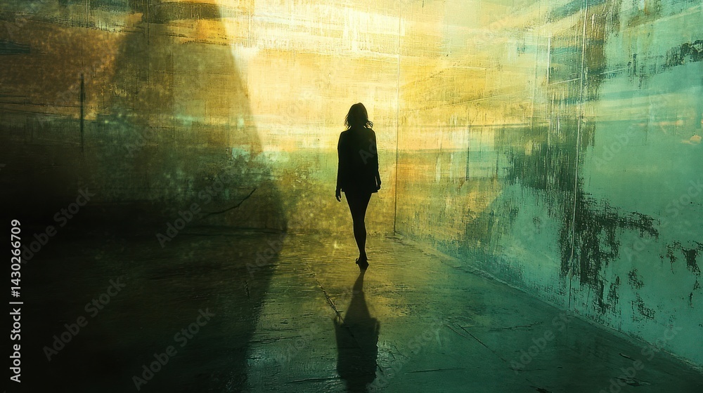 Woman walks towards light in abandoned building; hope, mystery Woman walks towards light in abandoned building; hope, mystery