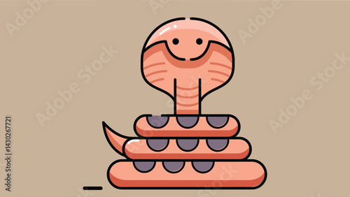 Cartoon style illustration of a cobra snake with friendly features, designed for children books. The snake is coiled with a raised hood
