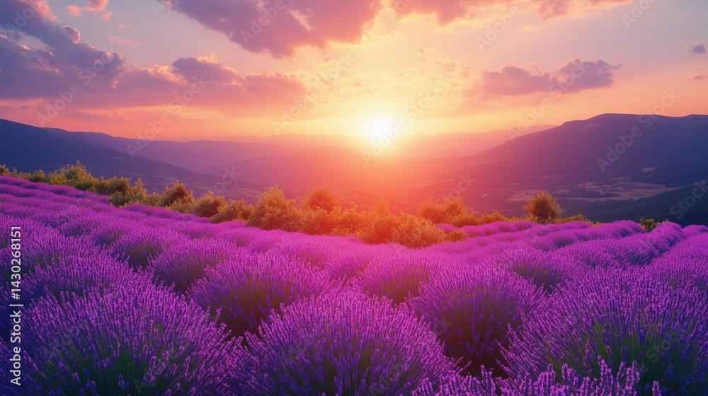 Lavender fields at sunset with colorful skies and mountains in the background Lavender fields at sunset with colorful skies and mountains in the background
