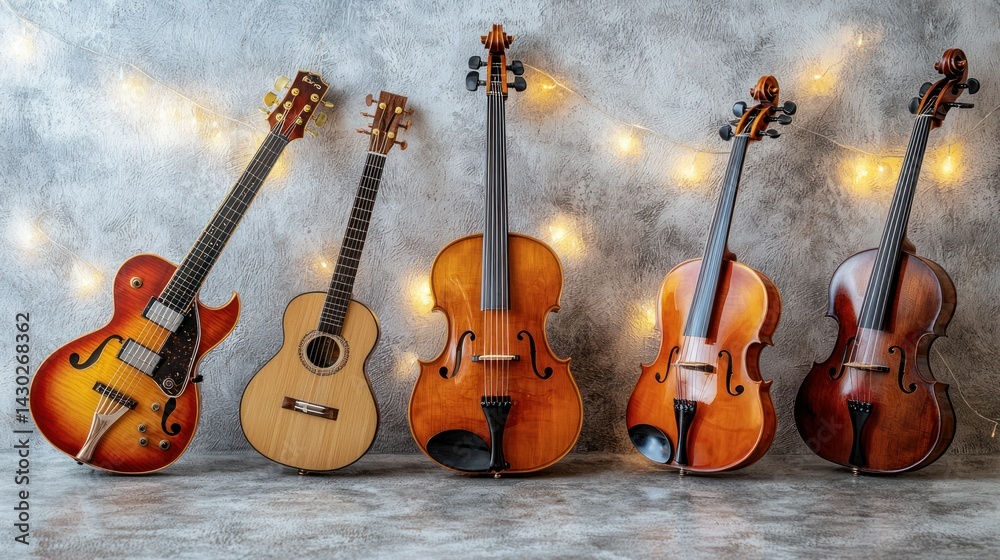 Fototapeta premium Stringed Instruments and Festive Lights: A Musical Still Life