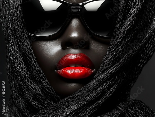 Black Beauty: Dramatic Portrait of a Woman with Red Lips and Black Sunglasses