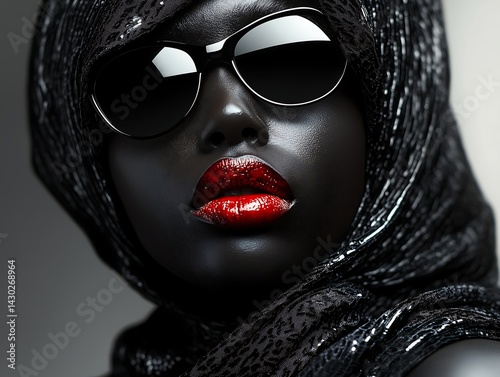 Striking Black Beauty: Close-up Portrait of a Woman in Black Headscarf and Sunglasses