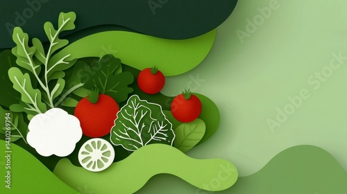 Vibrant Paper Cut Vegetable Illustration with Wavy Green Background