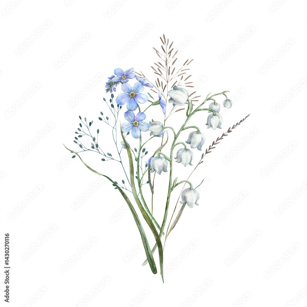 Obraz premium Blue forget-me-nots, white lilies of the valley, dried and wild herbs. Watercolor illustration of a bouquet of flowers, perfect for eco-branding, packaging, cards, wedding design and botanical prints.