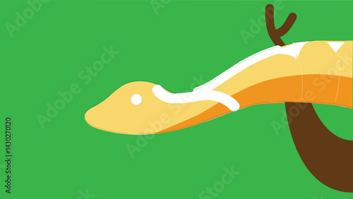 Illustration of a yellow snake with a white stripe slithering on a brown tree branch against a bright green background. The minimalist design shows the snake's head in profile with a simple white eye.