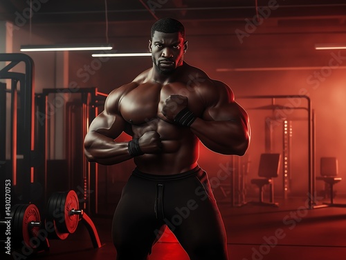 Powerful Bodybuilder Posing in Dramatic Red-Lit Gym