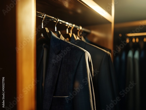 Luxurious Men's Suits Hanging in a Modern Walk-in Closet