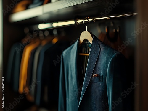 Exquisite Dark Teal Men's Suit Hanging in Luxurious Closet
