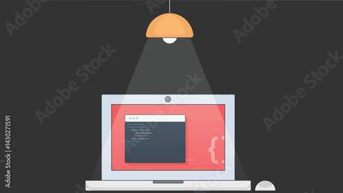 Illustration of a laptop on a desk at night, symbolizing remote work and freelancing, with a calm, focused atmosphere ideal for productivity in a home office setting.