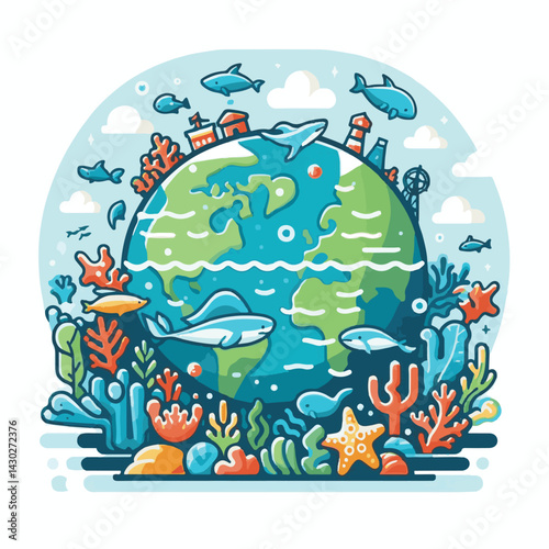 sea, water, ocean, blue, nature, illustration, environment, background, underwater, concept, day, world, fish, vector, banner, aqua, earth, eco, clean, design, environmental, life, graphic, poster, wa