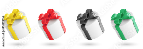 Round gift box mockups set isolated on white background. Vector realistic illustration of blank cylinder container decorated with color ribbon bows, holiday surprise, sale banner design elements