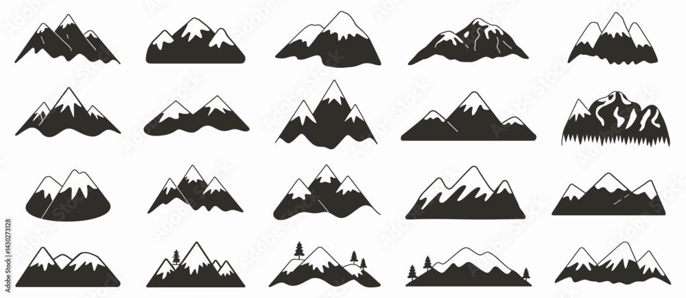 Fototapeta premium Black mountain peak silhouette vector set with a wide range of shapes ideal for versatile design applications including logos, prints, and digital illustrations