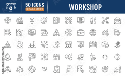Workshop line editable icon set. Containing team building, teamwork, coaching, meeting, managing, coaching, motivation and more. Vector Illustration