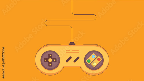 Illustration of a retro gaming controller with directional pad on the left, colored action buttons on the right, and central menu buttons, connected by a cable against an orange background.