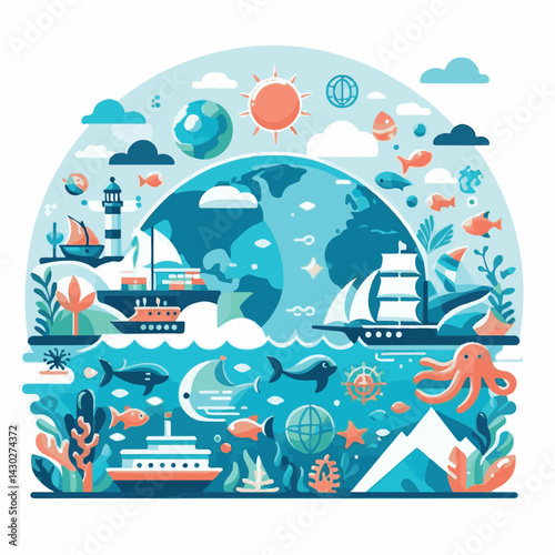 sea, water, ocean, blue, nature, illustration, environment, background, underwater, concept, day, world, fish, vector, banner, aqua, earth, eco, clean, design, environmental, life, graphic, poster, wa