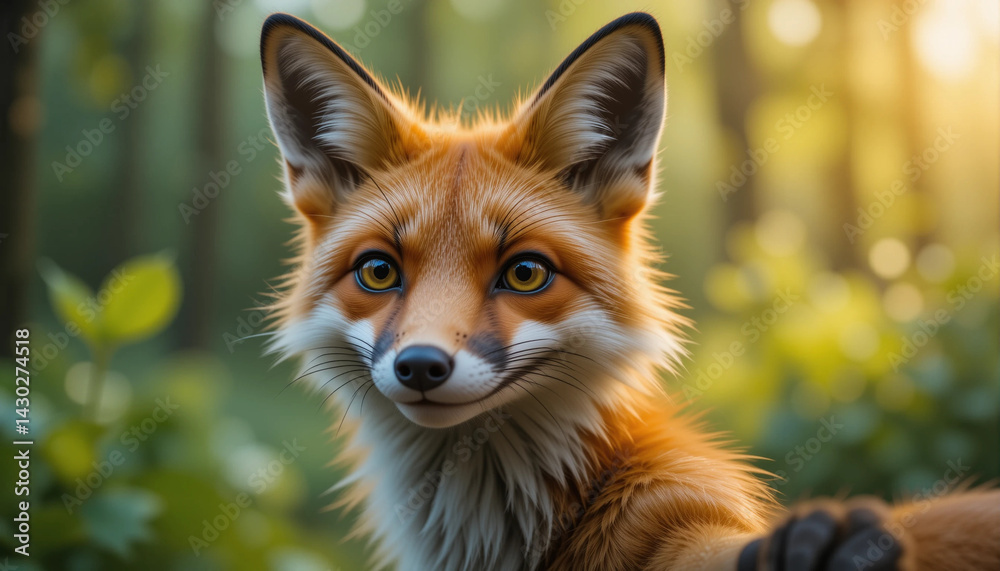 Fox Selfie Animal: A sly red fox with a raised eyebrow and a smirk. Pose: Classic selfie look, eyes focused forward. Fox Selfie Animal: A sly red fox with a raised eyebrow and a smirk. Pose: Classic selfie look, eyes focused forward.