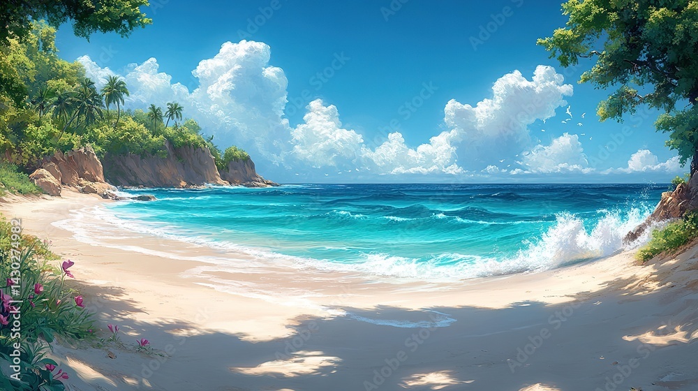 Fototapeta premium Tropical beach paradise, vibrant and serene. Lush landscape with a tranquil ocean view