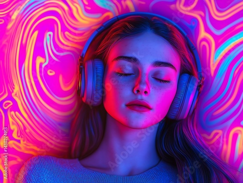Serene Dreamscape: A Young Woman Lost in Melodic Bliss with Headphones