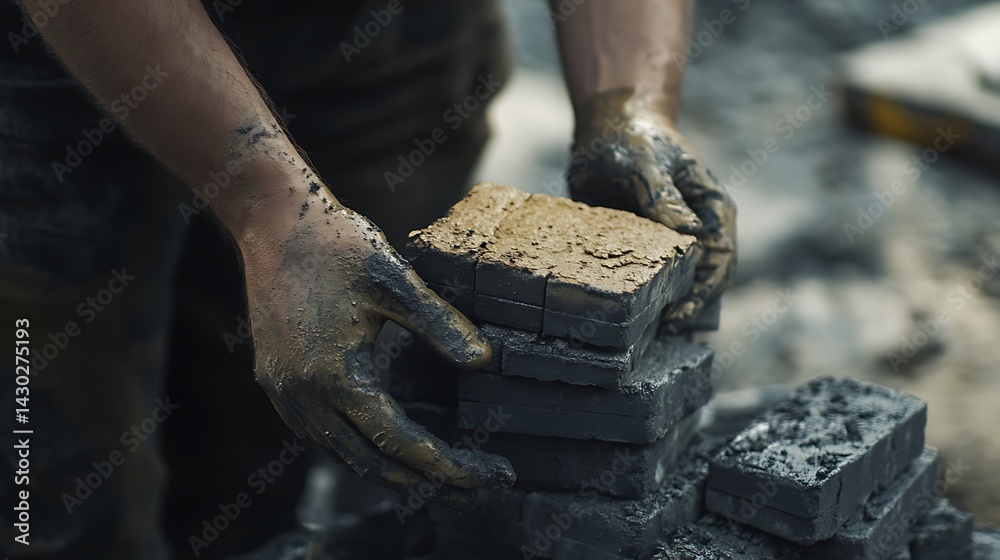 Hands Handling Mud Bricks in Construction Hands Handling Mud Bricks in Construction