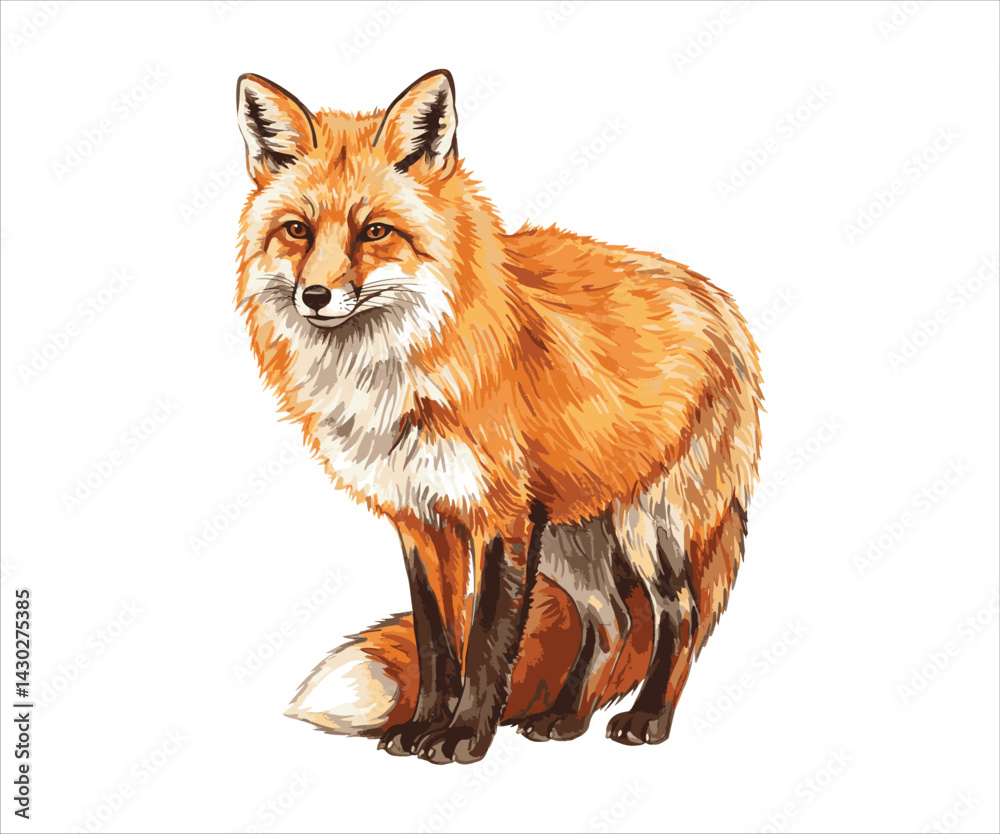 Fototapeta premium A vector illustration of a red fox in watercolor style, set against a white backdrop.