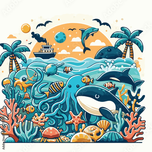 sea, water, ocean, blue, nature, illustration, environment, background, underwater, concept, day, world, fish, vector, banner, aqua, earth, eco, clean, design, environmental, life, graphic, poster, wa