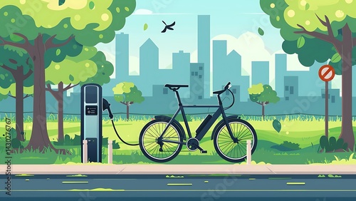 Electric bicycle charging at a station in a park with a city skyline in the background on a sunny day .