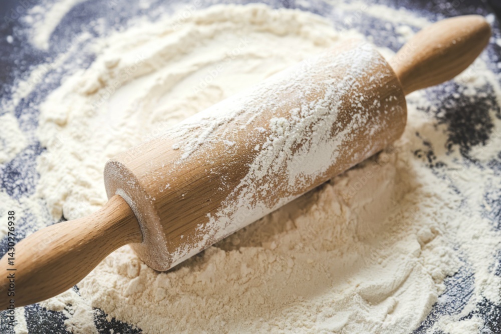 A photo of a wooden rolling pin covered in white, powdery flour A photo of a wooden rolling pin covered in white, powdery flour