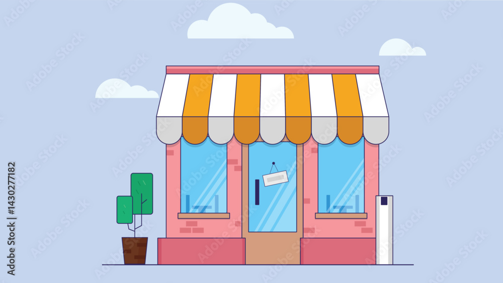 Naklejka premium Colorful illustration of a small shop store front with an overhead shade and a small tree beside it, set against a blue sky background