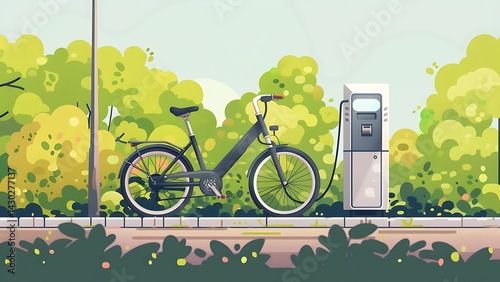 A cartoon illustration of an electric bicycle parked at a charging station near green trees outdoors .