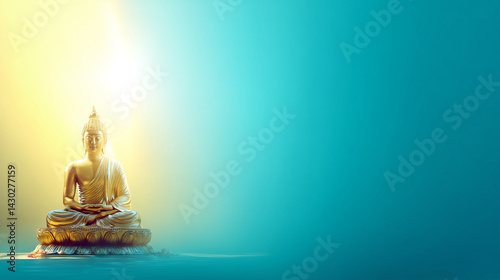 Buddha Purnima, golden Buddha statue sitting on lotus, soft light shining from behind Buddha's head, gold and sky blue gradient background