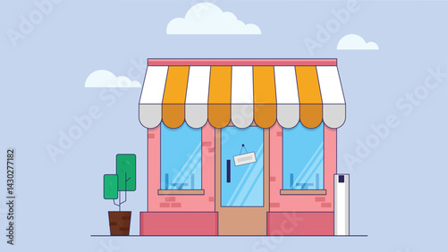 Colorful illustration of a small shop store front with an overhead shade and a small tree beside it, set against a blue sky background